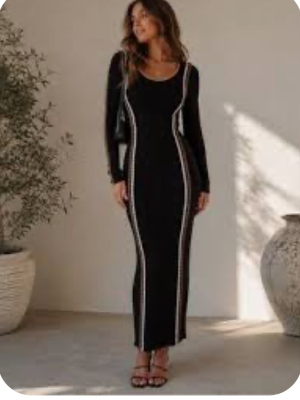Revolve Camila Coelho Black Long Ribbed Maxi Dress with Contrast Trim Medium